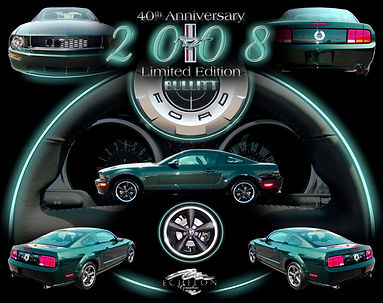 2008 Ford Mustang Bullitt 40th Anniversary montage featuring Highland Green fastback imagery, factory Bullitt components, wheel details, and commemorative performance presentation