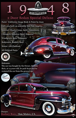 1948 Plymouth Special Deluxe two-door sedan custom vintage car display board featuring restored bodywork, period styling, and detailed build specifications on metal.