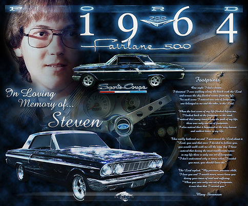 1964 Ford Fairlane 500 custom automotive photo artwork montage created as a memorial tribute, featuring black Fairlane imagery combined with portrait photography and the “Footprints” poem in a horizontal remembrance-focused composition by Echelon Graphix.