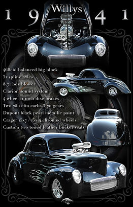 1941 Willys Coupe custom vintage hot rod display board highlighting classic coupe body lines, engine upgrades, and professional show car artwork.