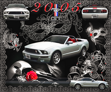2005 Ford Mustang GT horizontal montage artwork combining multi-angle vehicle imagery, ornamental graphic elements, and modern-retro Mustang design themes