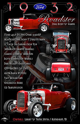 Theme-oriented 1932 Ford Roadster hot rod display board showcasing a custom-built red Deuce roadster with detailed engine, chassis, and body specifications. This automotive artwork by Echelon Graphix blends historical hot rod styling, narrative typography, and multi-image composition to honor early American performance culture and concours-level show car presentation.