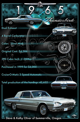 1965 Ford Thunderbird custom car show display board featuring silver Thunderbird with multi-angle exterior views, factory specifications, ownership details, and production information, presented in a structured archival layout by Echelon Graphix.