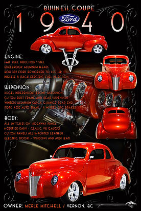 1940 Ford Business Coupe custom show display board featuring deep red paint, engine components, suspension highlights, chrome trim details, and classic hot-rod themed layout by Echelon Graphix.