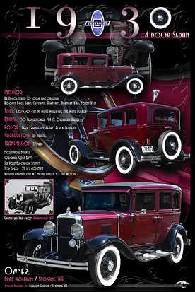 1930 Ford four-door sedan custom display board with burgundy paint, engine bay highlights, wooden interior accents, wheel close-ups, and period-correct collage layout by Echelon Graphix