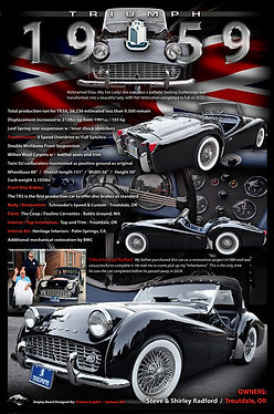 1959 Triumph TR3 custom car show display board featuring black Triumph TR3 with restoration details, engine and interior views, and classic British roadster heritage presentation by Echelon Graphix.