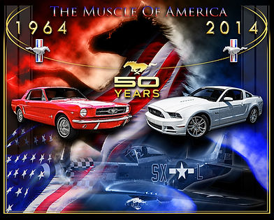 Ford Mustang 50th anniversary montage featuring a 1964 red classic Mustang and a 2014 white modern Mustang, American flag and aviation imagery, and commemorative “50 Years” theme celebrating Mustang heritage