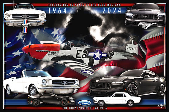 Ford Mustang 60th anniversary montage featuring 1964 and 2024 Mustangs, classic and modern coupe and convertible models, American flag backdrop, WWII P-51 Mustang aircraft imagery, and commemorative “60 Years of the Ford Mustang” heritage theme