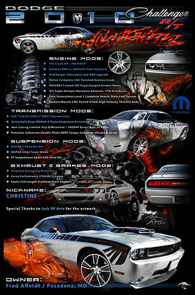 2010 Dodge Challenger R/T Mopar display board featuring modern muscle car with performance modifications, engine and suspension details, multiple vehicle views, and AlumiGraphix metal design by Echelon Graphix.