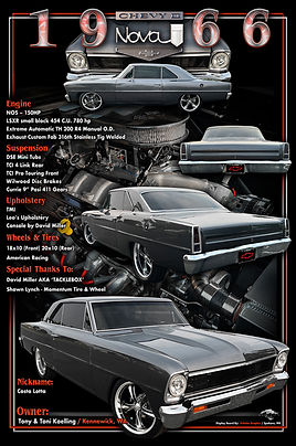 1966 Chevrolet Nova display board highlighting classic muscle car restoration, engine bay photography, and clean, heritage-focused design by Echelon Graphix