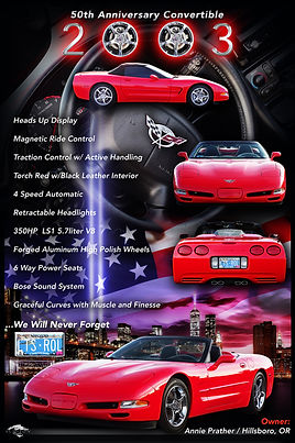 Emotional 2003 Corvette C5 9/11 tribute display board featuring torch red convertible, New York skyline artwork, American flag integration, memorial theme elements, and Echelon Graphix’s elite-tier Corvette presentation design honoring America’s resilience.