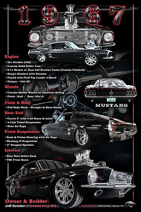1967 Mustang fastback custom car show display board by Echelon Graphix, featuring black-and-silver roadster photography, engine and transmission specs, interior close-ups, and premium aluminum AlumiGraphix design.