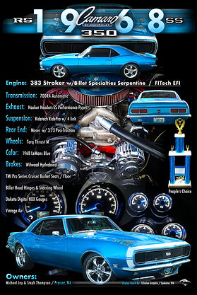 1968 Chevy Camaro RS/SS 350 display board with 383 stroker engine, performance specs, billet serpentine, Fitech EFI, blue exterior photography, and full custom layout by Echelon Graphix.