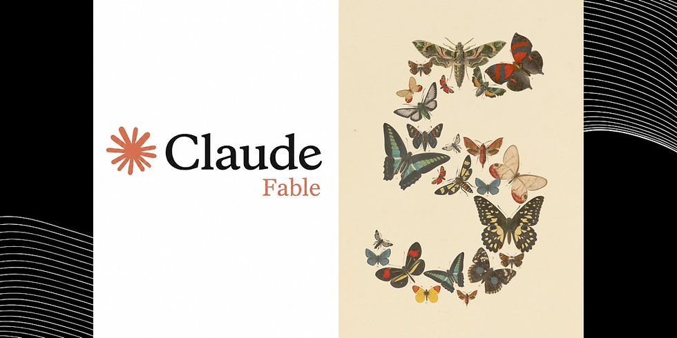 Promotional banner for Claude Fable 5 AI by Anthropic. The image displays the text 'Claude Fable' alongside the numeral '5' which is creatively formed by a collection of diverse, colorful vintage butterfly illustrations.