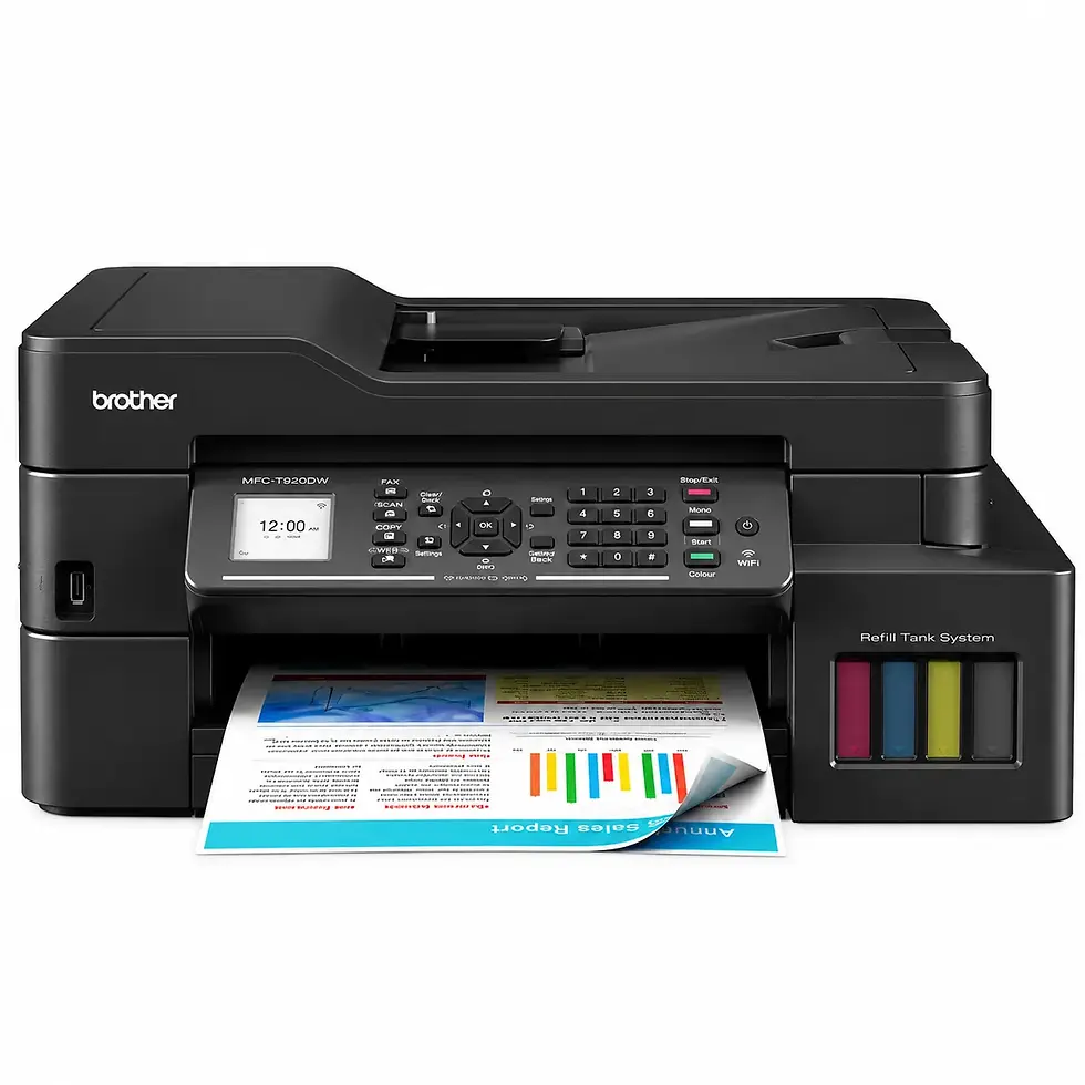 Text: Brother MFC-T920DW colour ink tank multifunction printer with Wi-Fi, ADF and automatic duplex printing