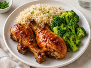 Honey Garlic Chicken Drumsticks with Broccoli & Rice