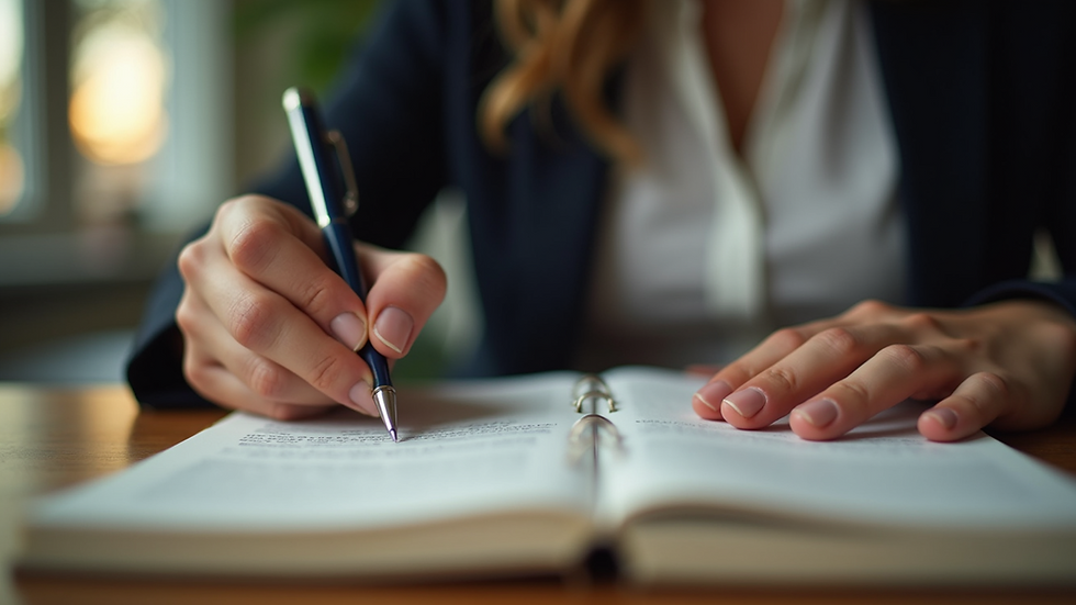 Eye-level view of a person writing in a journal on a wooden desk