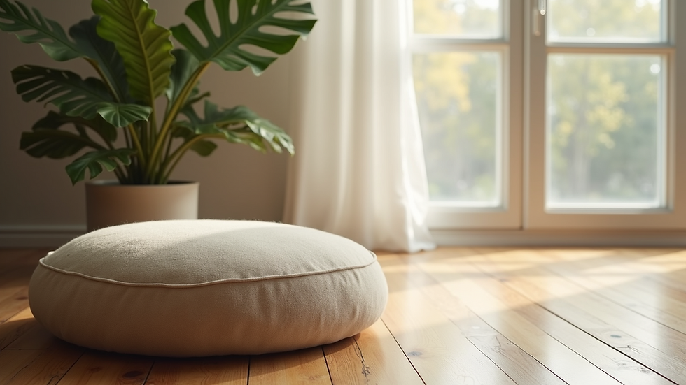 Close-up view of a meditation cushion and a small indoor plant on a wooden floor