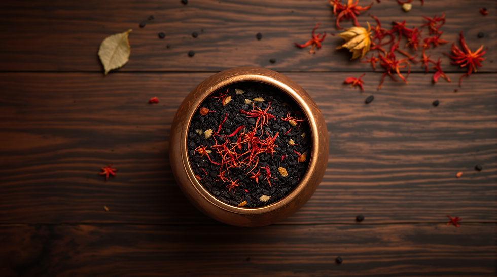 Black Tea with Saffron and Cardamom in Hammered Copper Bowl
