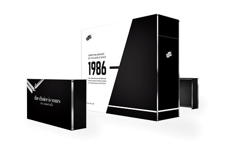Expolinc Classic Frame Kopfstand individuell an die Messefläche anpassbar – modularer Messestand mit Textilgrafiken, einer großen Messekabine und zwei Messecountern