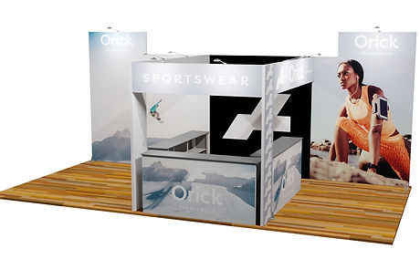 Expolinc Classic Frame Kopfstand 7 x 4 m – aufmerksamkeitsstarker Messestand mit Headern und Skybridge für individuelles Branding