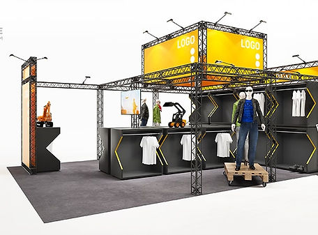 35 qm großer modularer Messestand aus X-MODULE X-15 Messetraversen – Kopfstand für eine Standfläche von 5x7 m – Große Rückwand mit Grafik, Traversenbrücken, Monitor, Turmaufsatz, LED-Spots