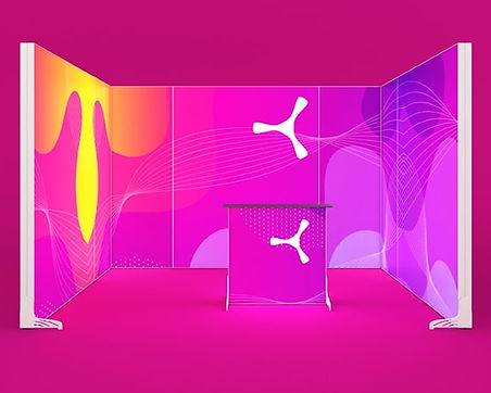 12 qm LED-Messestand K-LED-BOX PlAST – Reihenstand 4x3 m aus weißen Kunststoffprofilen mit SEG-Grafiken hinterleuchtet und mobiler Messetheke