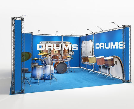 Messestand X10 Messetraverse – modularer Reihenstand 5x5 m aus dem X-MODULE Traversen System mit integrierter Kabine, großflächigen Grafiken und LED-Spots