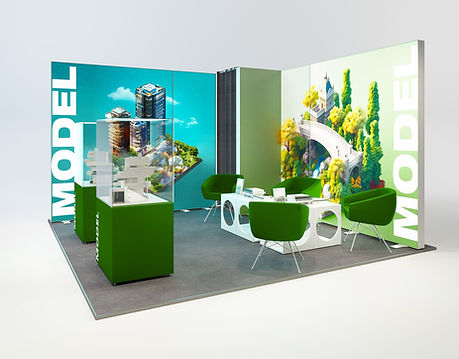 LED Messestand K-LED-BOX PLAST – Eckstand 4x4 m aus weißen Kunststoffprofilen – modularer Stand mit Grafiken, Messekabine in der Ecke