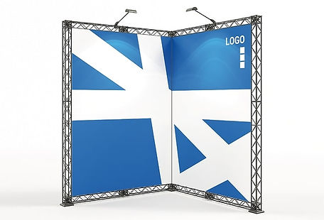 Traversen Messestand 2 x 2 m – X-Module Traversen Eckstand mit Grafiken und zwei LED-Leuchten