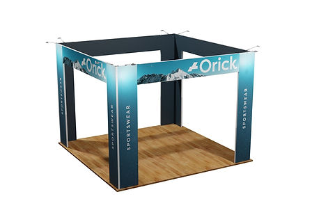 xpolinc Classic Frame Inselstand 4 x 4 m – offener Messestand mit Zugang von allen Seiten und Skybridge für mehr Sichtbarkeit