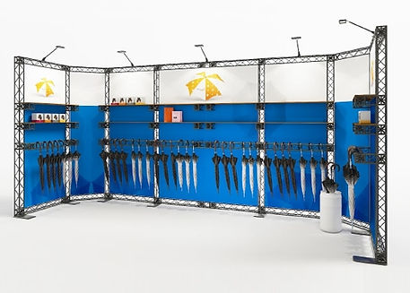 Mobiler Messestand Traverse – X-MODULE Reihenstand X10-R18 6x2 m – 10 integrierte Regale für Produktpräsentationen, Grafiken individuell bedruckt, LED-Spots