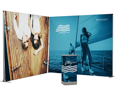 Kleiner EXPOLINC Classic Frame Messestand – Eckstand 3 x 3 m mit Counter