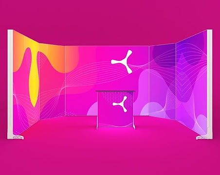 15 qm LED-Messestand – modularer Reihenstand 5x3 m aus weiße Kunststoffprofilen – System K-LED-BOX PLAST mit Grafiken und mobiler Messetheke