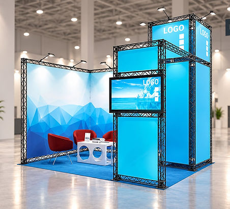 Traversen Messestand X-MODULE X-10 E9 Eckstand 4 x 3 m mit Turm und Brücke