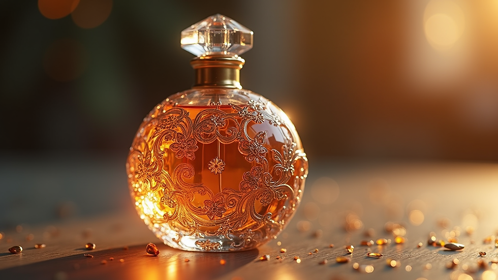 Close-up view of a beautifully crafted perfume bottle with intricate designs