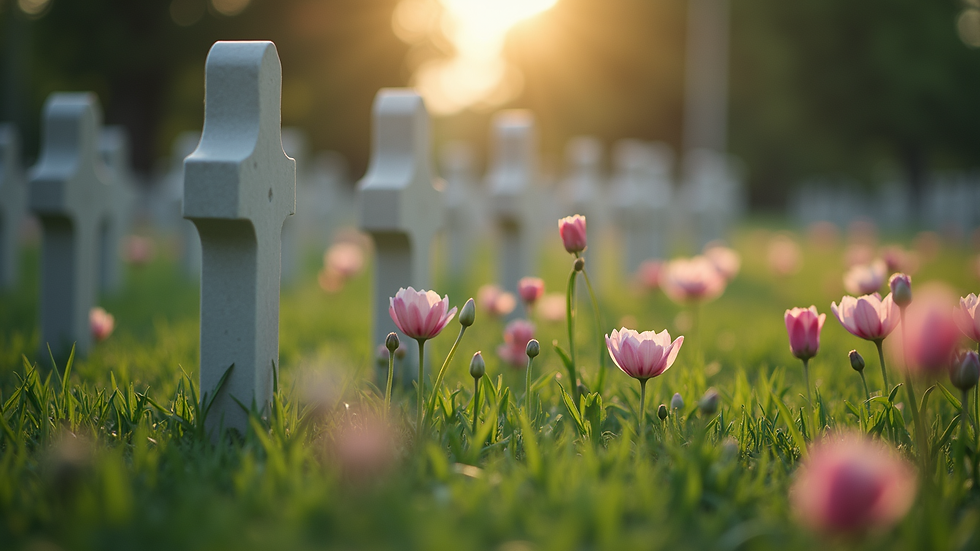 Eye-level view of a serene cemetery with blooming flowers