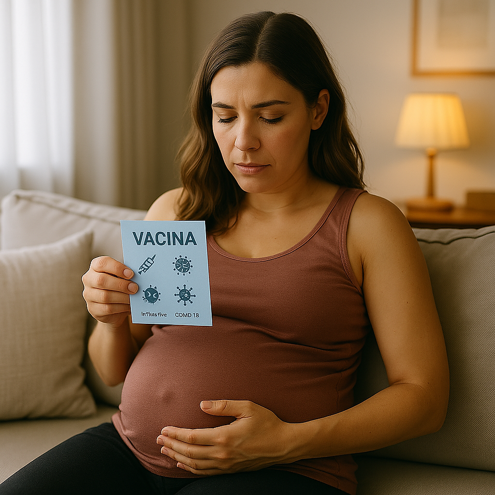 Gestante em consultório médico, recebendo orientação de uma profissional de saúde enquanto segura a barriga com delicadeza, em ambiente claro e acolhedor
