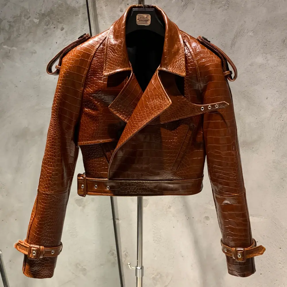 Embossed Leather Jacket Women Winter Genuine Sheep Leather Coat Wide Shoulder