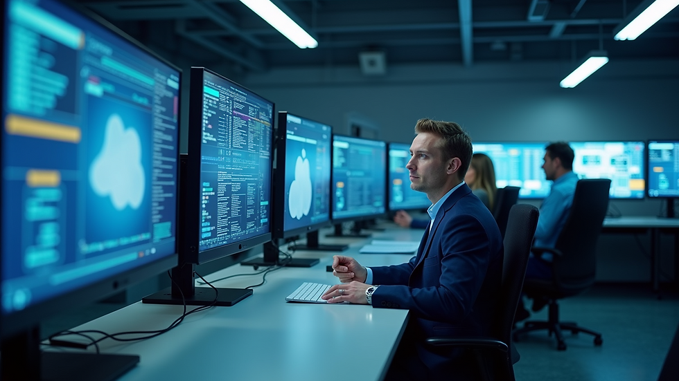 Eye-level view of a cloud computing control room with multiple screens