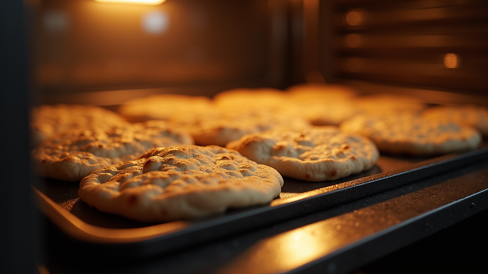 Eye-level view of naan bread baking on a hot oven tray