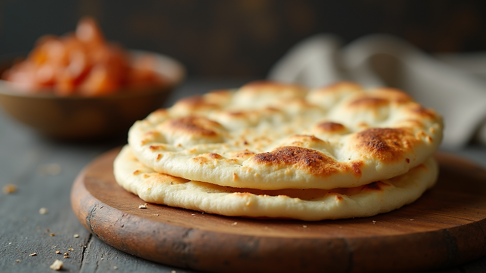 Close-up view of soft naan bread stacked on a wooden board