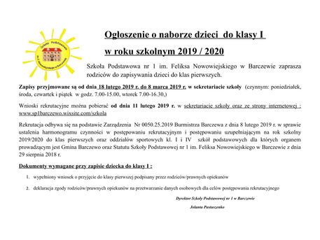 Nabór dzieci do klasy I w roku szkolnym 2019/2020.