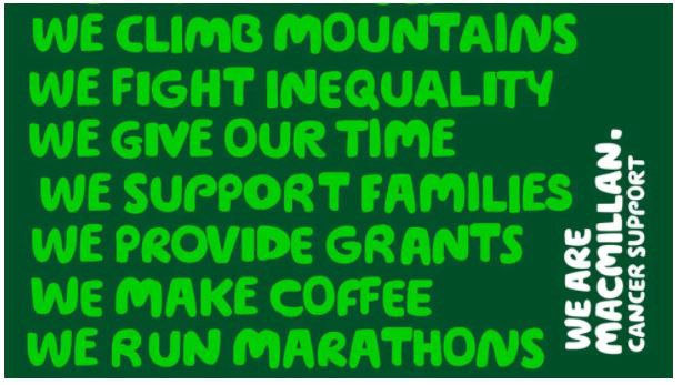 Macmillan Cancer Support- ის მიერ შემუშავებული ბრენდინგი, რომელიც კოპირაითინგზეა დაფუძნებული, ვოლფ ოლინსი მიუთითებს ჯონსონის წიგნში და აღნიშნავს, რომ აგებულია ”ჩვენ” განცხადებების სერიაზე, რაც ბრენდის ზოგიერთ საკვანძო კითხვაზე პასუხის გაცემაში დაგეხმარებათ.