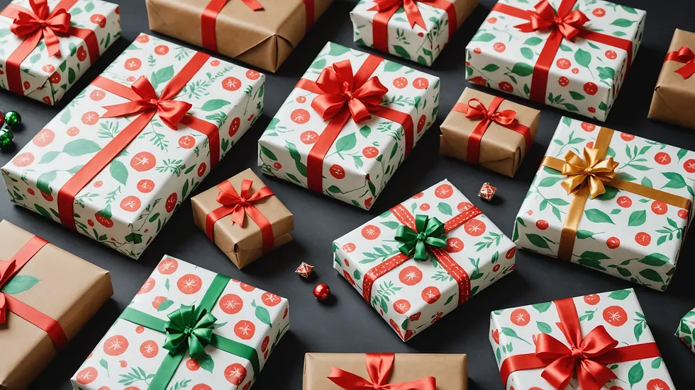 Eye-level view of personalized wrapping paper featuring custom designs