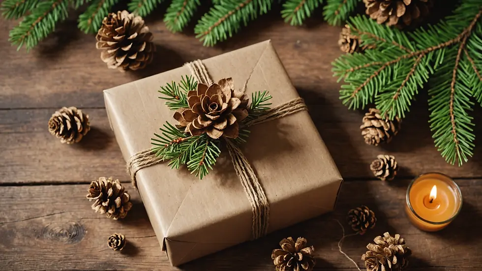 High angle view of a gift wrapped with natural twine and pinecones