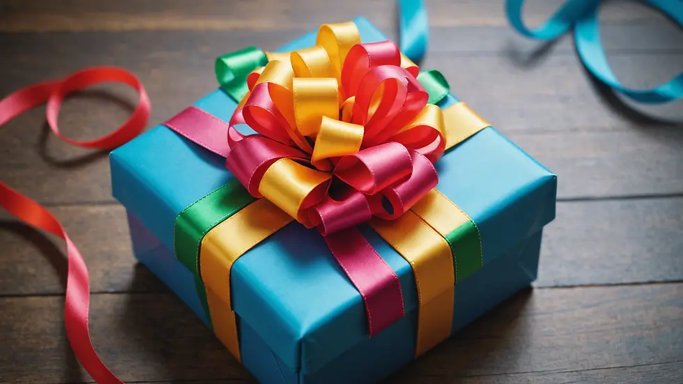 Close-up view of a brightly colored gift adorned with vibrant ribbon