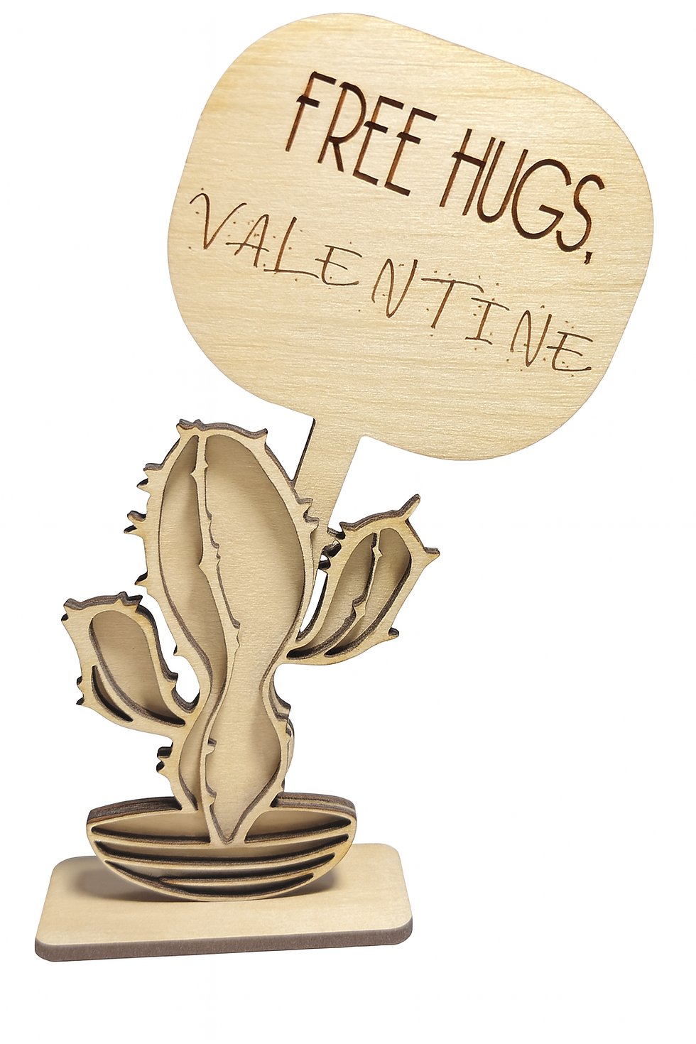 Thumbnail: Rustic wooden cactus cutout with engraved phrase “Free Hugs Valentine,” standing on a small wooden base