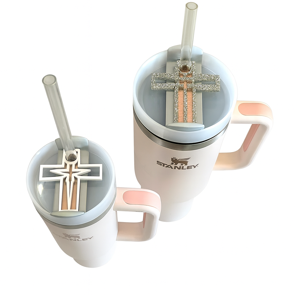 Cross acrylic toppers on Stanley tumblers in white and glitter silver, available for 30oz and 40oz sizes.