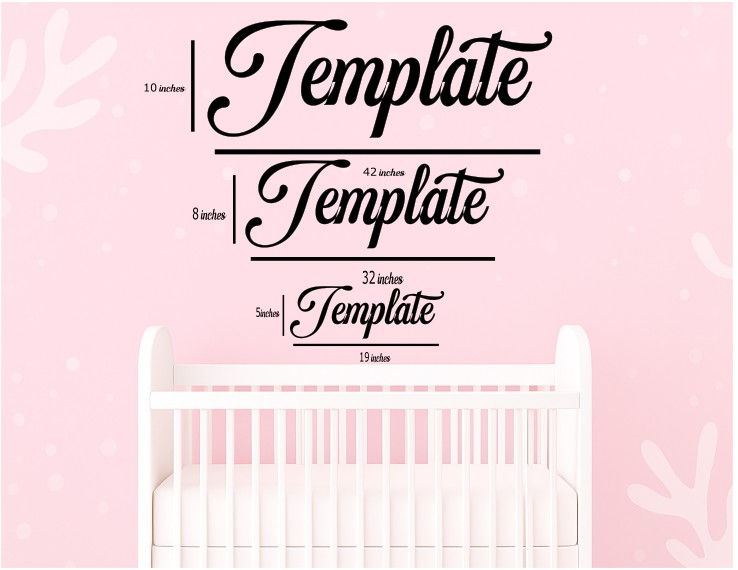 Thumbnail: Size chart mockup showing custom wooden name signs above a crib on a pink nursery wall in 19", 32", and 42" widths for scale
